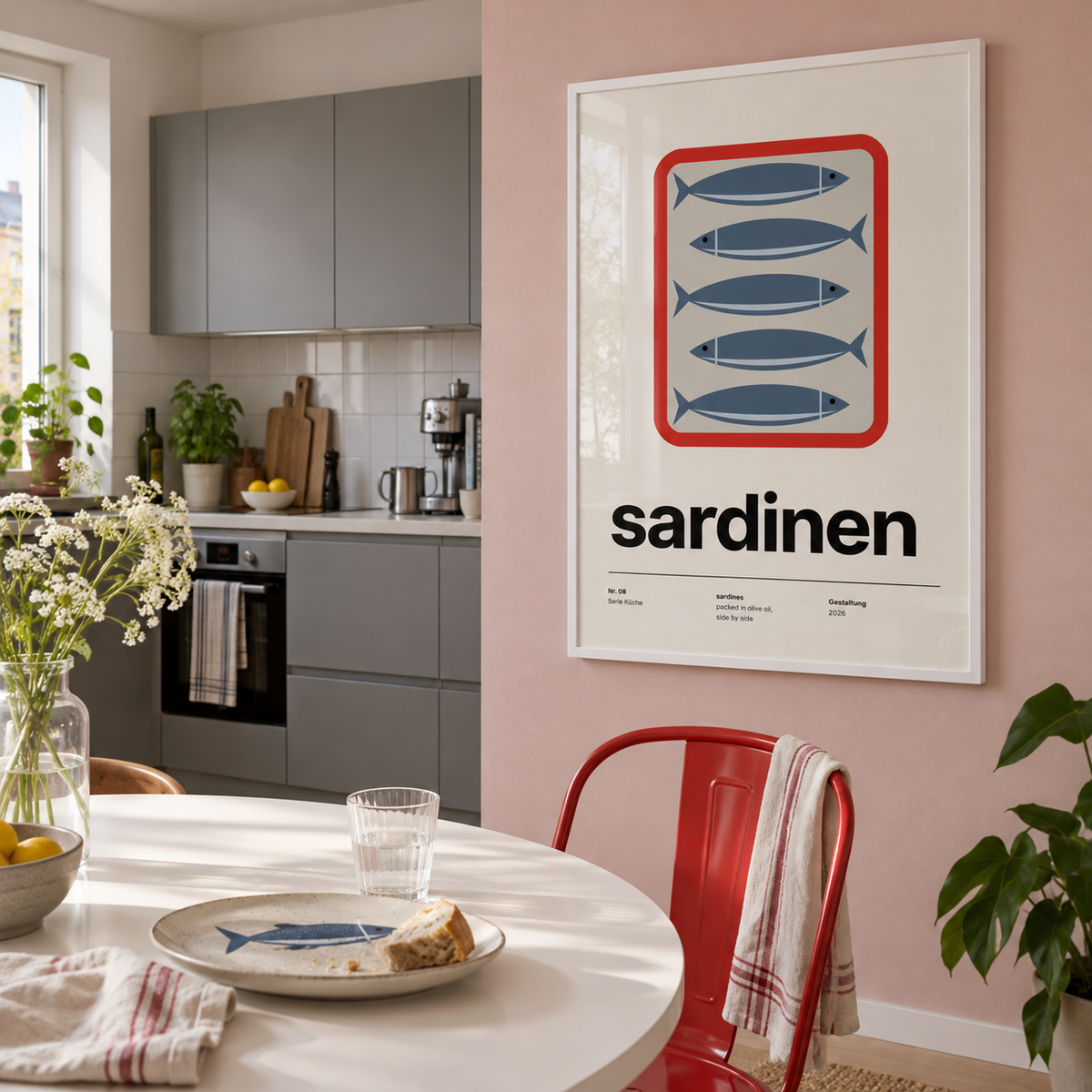Five sardines in a red tin print in a dining kitchen against a pink wall
