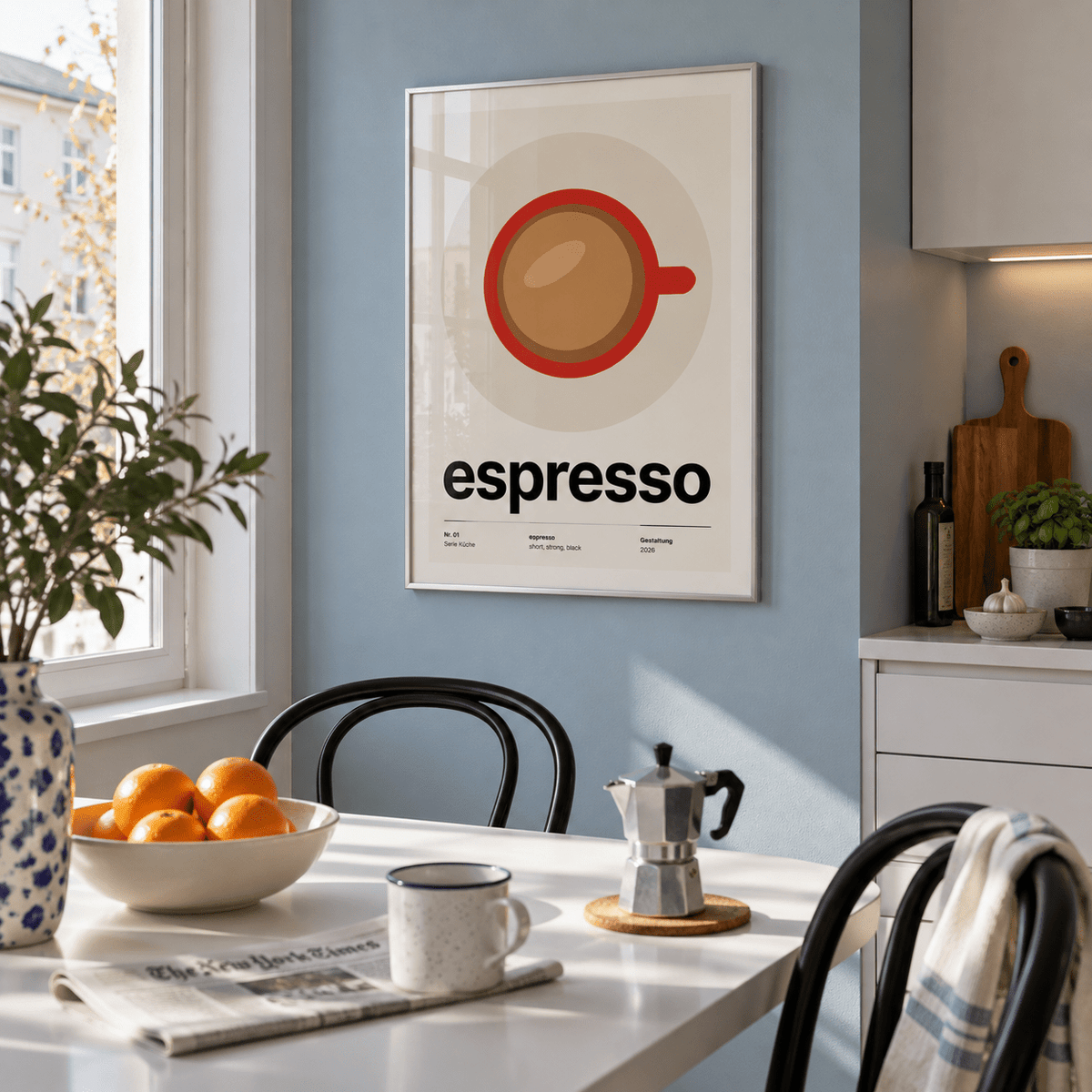 Espresso cup seen from above print in a dining kitchen against a powder blue wall