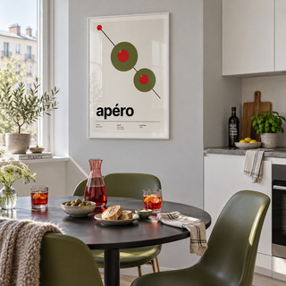Swiss style apero olive print in a kitchen dining against a grey wall
