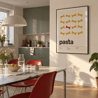 Yellow bow tie pasta print with one red in a dining kitchen against a sage wall