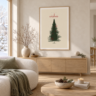Drawn Christmas tree print on cream in a scandinavian living room at Christmas