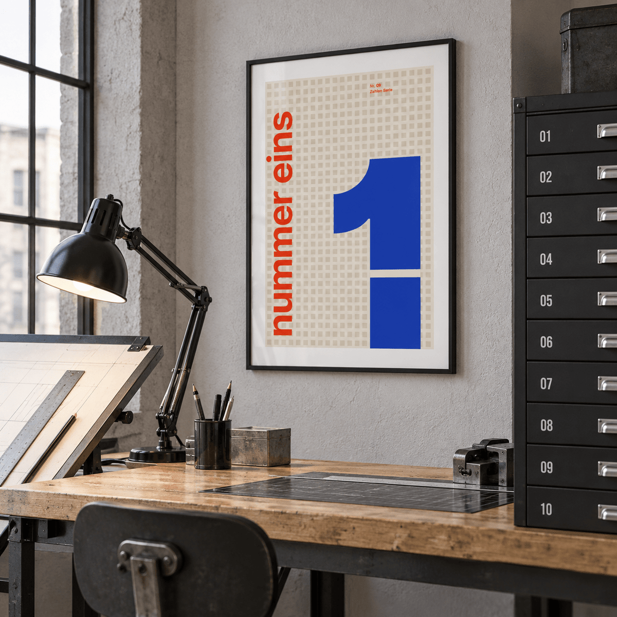 Number one typography print in a home office against a charcoal wall