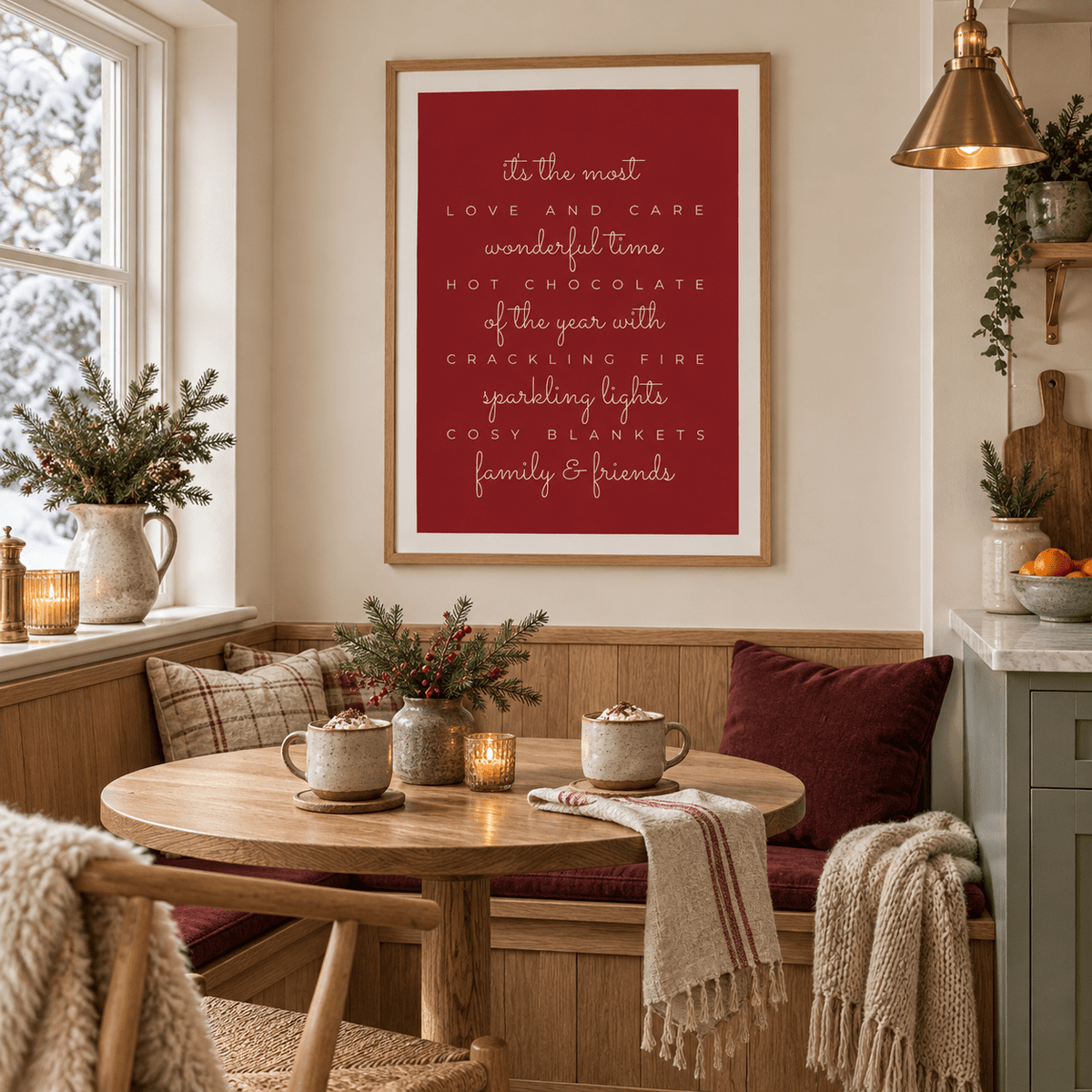 Festive red quote print in a winter kitchen nook at Christmas