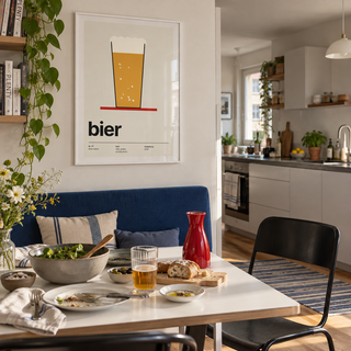 Swiss style beer glass print above a banquette in a cream dining