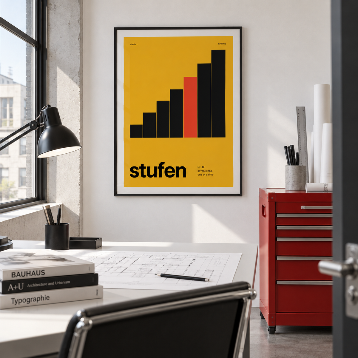 Mustard yellow steps print in a bright home office