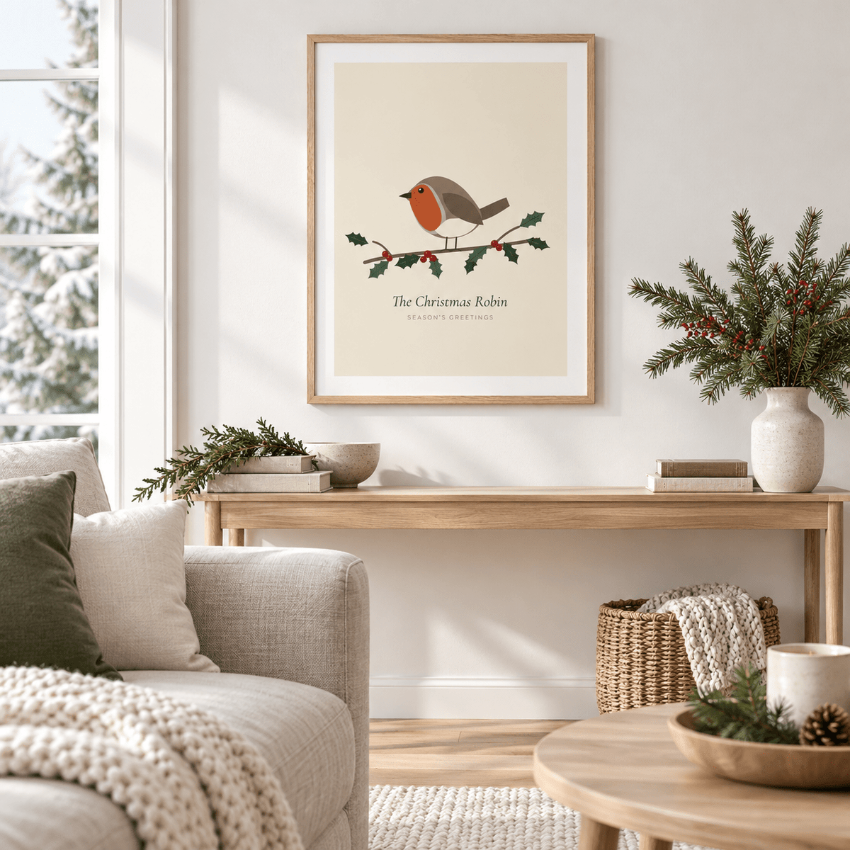 Robin and holly print on cream in a scandi living room at Christmas