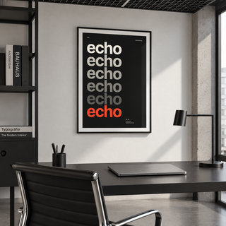 Echo typography fading to red print in a bright home office