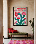 Retro Mexican poster design featuring cactus with blooming flowers.