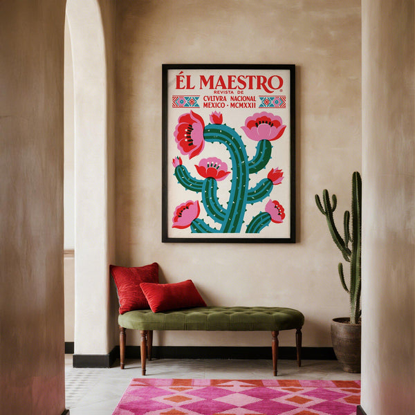 Retro Mexican poster design featuring cactus with blooming flowers.