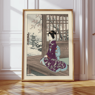 Hasui Kawase geisha print of calm garden view with stone lantern and flowering tree