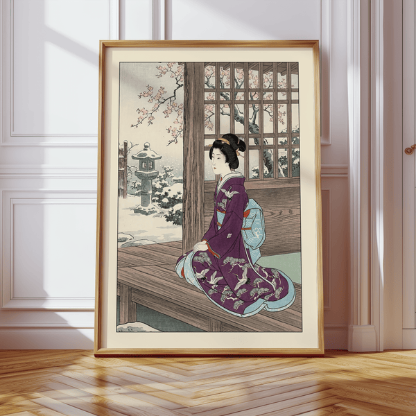 Hasui Kawase geisha print of calm garden view with stone lantern and flowering tree