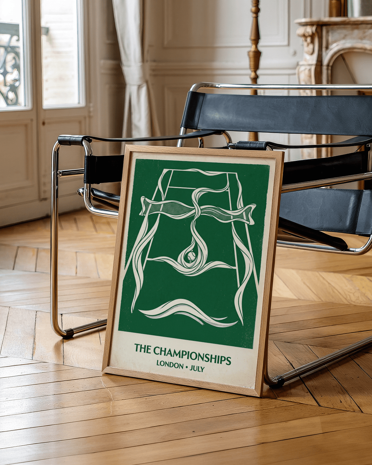 Close-up of Tennis Championship Wall Art print showing flowing linework over a tennis court outline