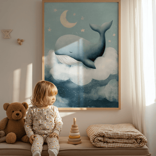 Calming Whale Nursery Wall Art decor in blue and white for nursery