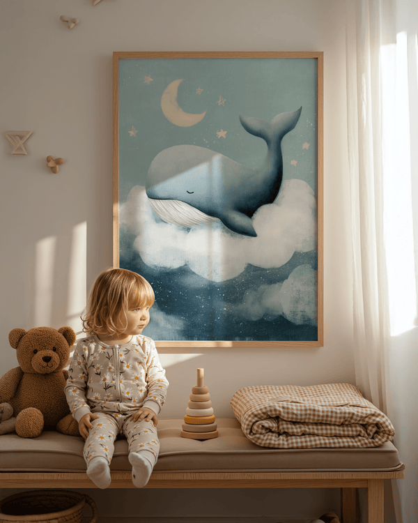 Calming Whale Nursery Wall Art decor in blue and white for nursery