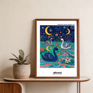 Graphic illustration poster of swans floating among lotus blooms and stars