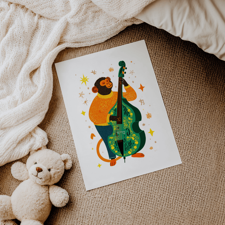 Musical Monkey Art Print of monkey playing green double bass on a carpet beside a teddy bear