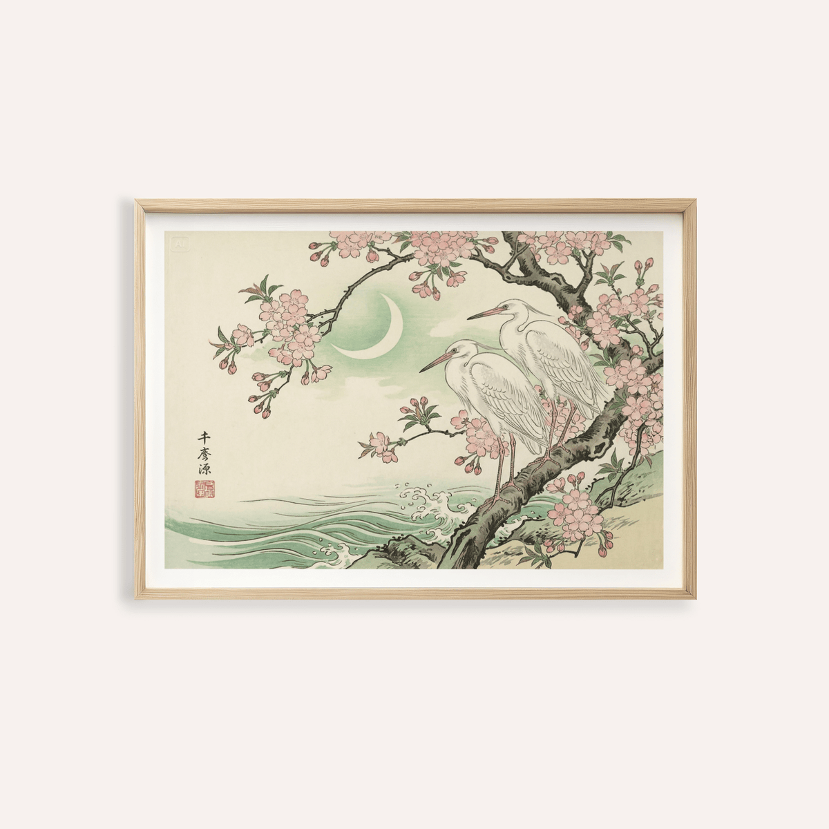 Heron Wall Art print showing two herons perched on a flowering branch