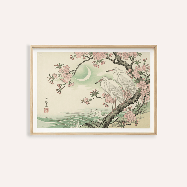 Heron Wall Art print showing two herons perched on a flowering branch