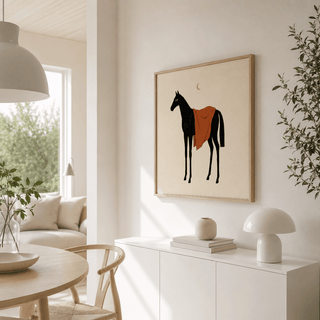 Illustrated horse poster with long legs and a floating moon above