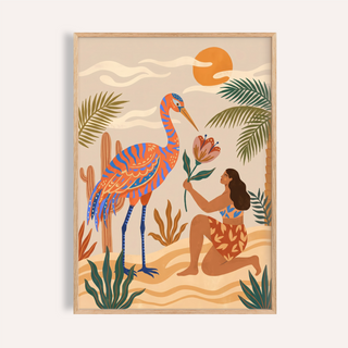 Colorful tropical bird poster with kneeling figure holding a flower and palm fronds