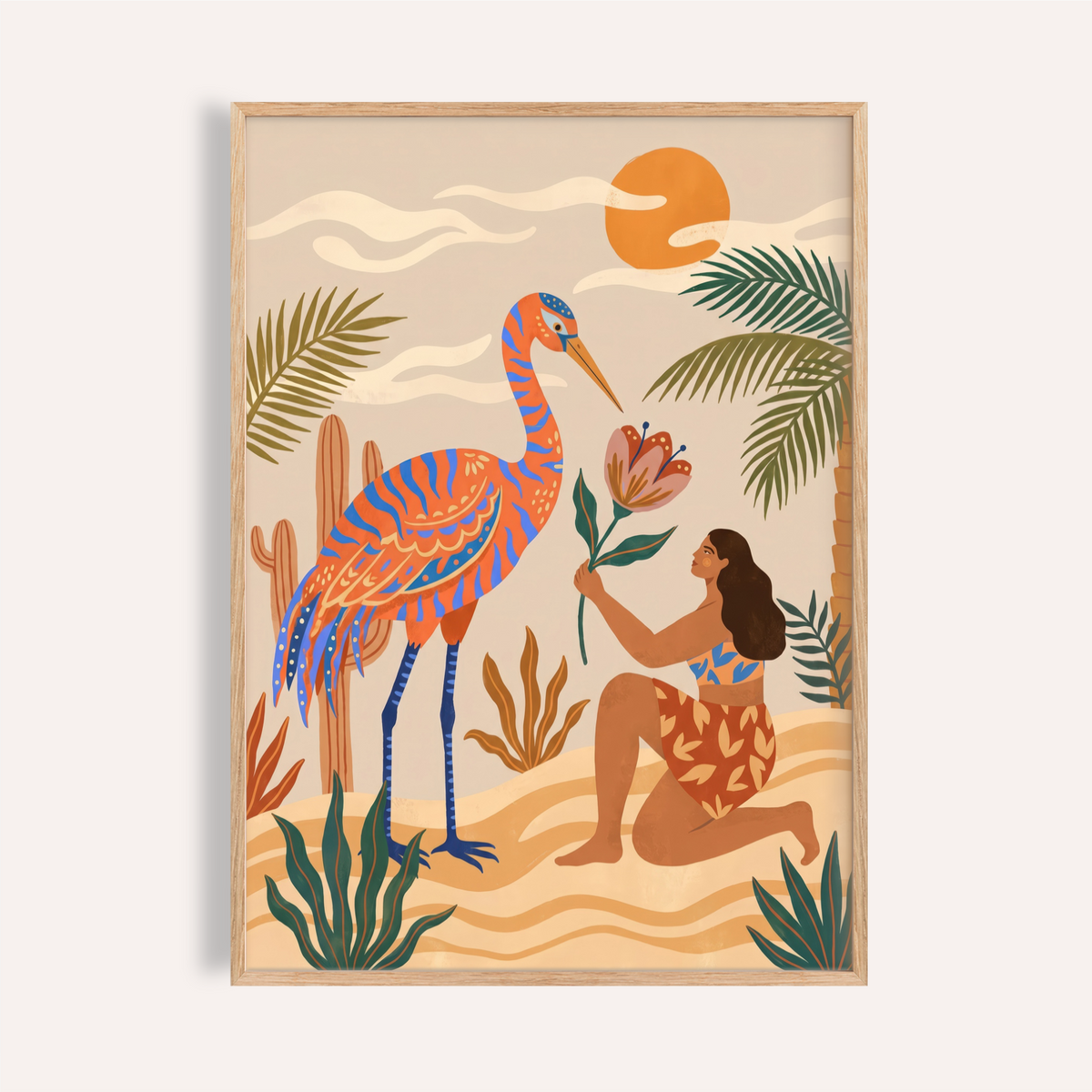 Colorful tropical bird poster with kneeling figure holding a flower and palm fronds