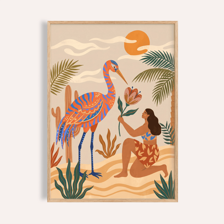 Colorful tropical bird poster with kneeling figure holding a flower and palm fronds