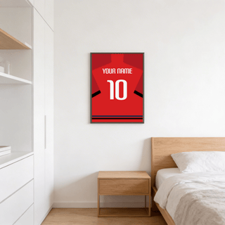 Framed wall art showing jersey silhouette in red white black
