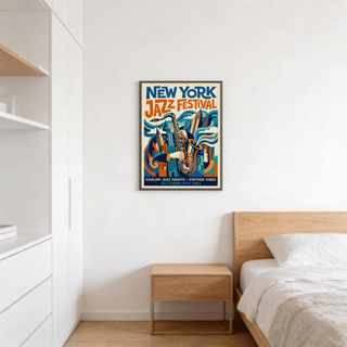Harlem jazz nights poster print with sax player silhouette and skyline blocks