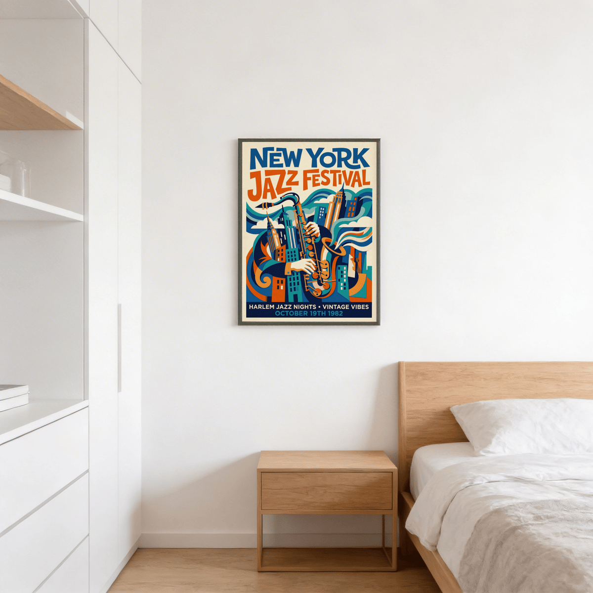 Harlem jazz nights poster print with sax player silhouette and skyline blocks