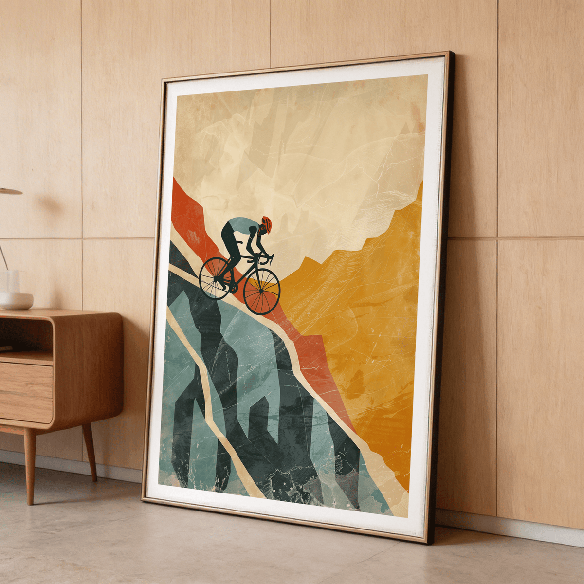 Vintage-style cycling wall art print showing biker ascending a diagonal trail, Mountain Biking Art Print