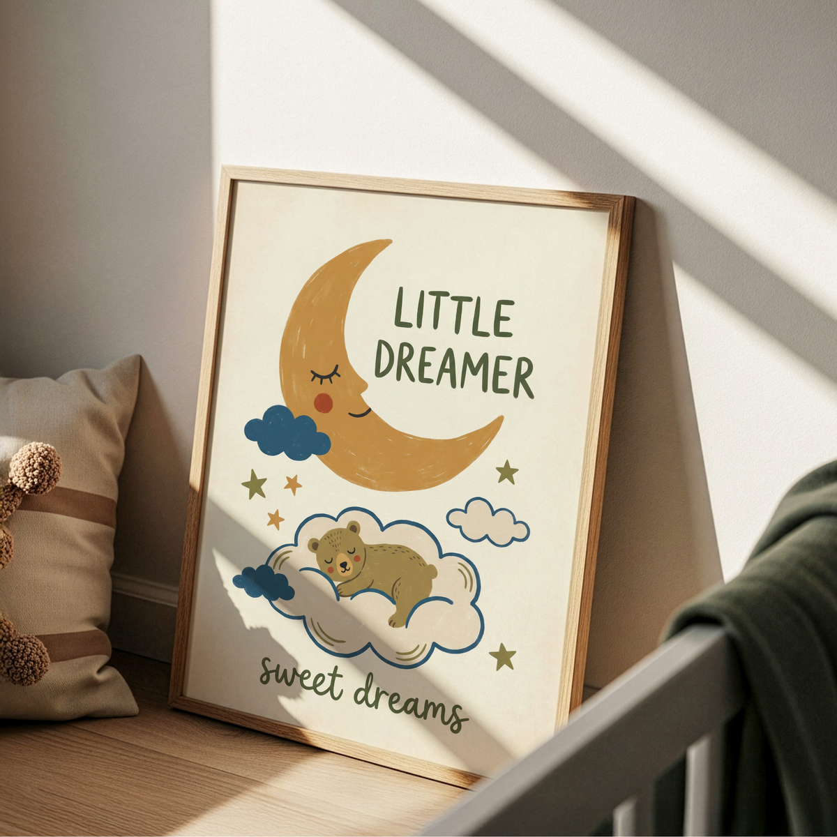 Featuring a smiling crescent moon and sleepy bear on a cloud, nursery wall art print