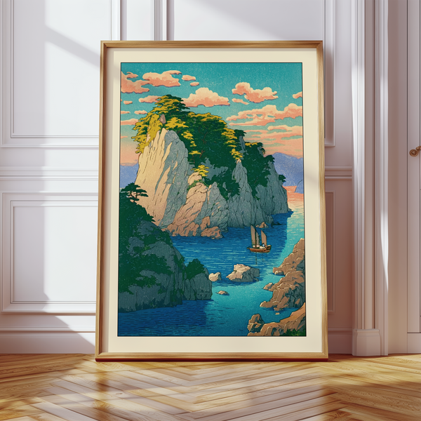 Wide view of vintage coastal wall art print with sailboat and layered clouds