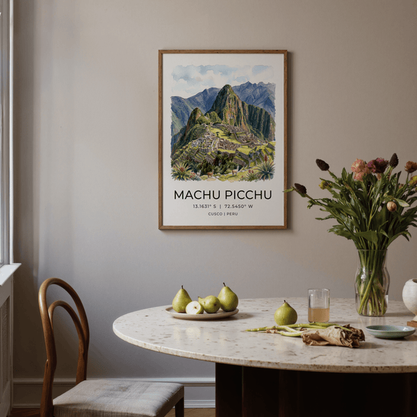 Illustrated Inca ruins scene in soft blue and earthy tones