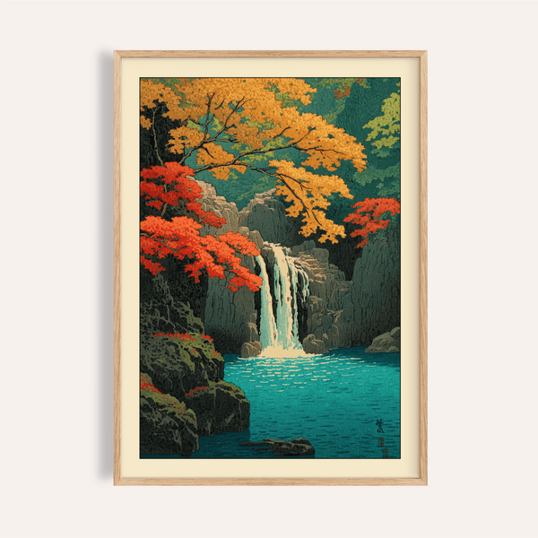 Hasui Kawase waterfall print of autumn cascade and maple leaves