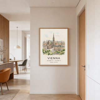 Angled view of Vienna cityscape poster print emphasizing central spire and white space layout