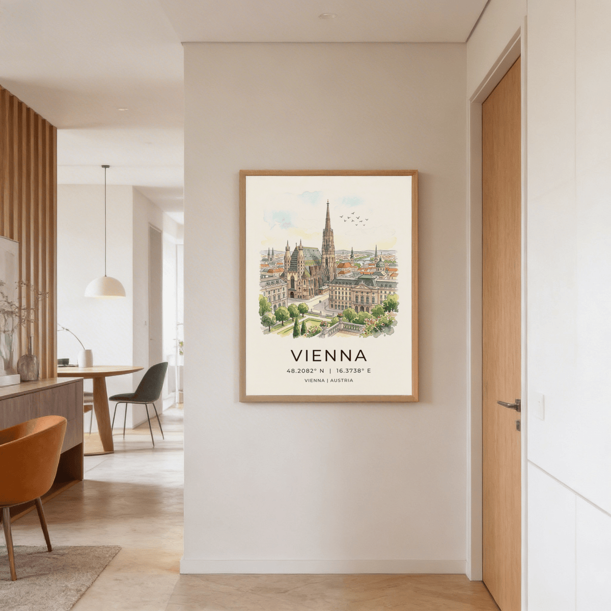 Angled view of Vienna cityscape poster print emphasizing central spire and white space layout