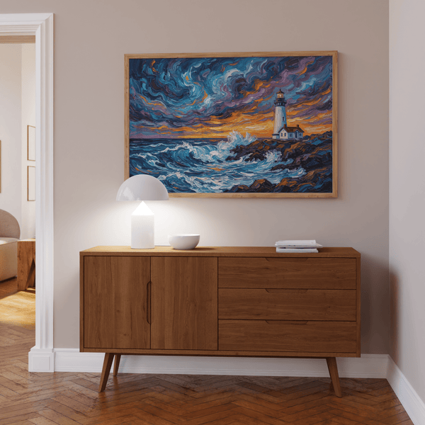 Ocean Landscape Print for modern living room, featuring Blue sea and Yellow sunset