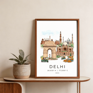 Flat lay of unframed Delhi Landmark Art Print with sketching tools nearby