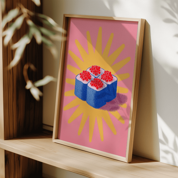 Sushi Poster in Blue, Yellow, Pink, designed for home office wall art