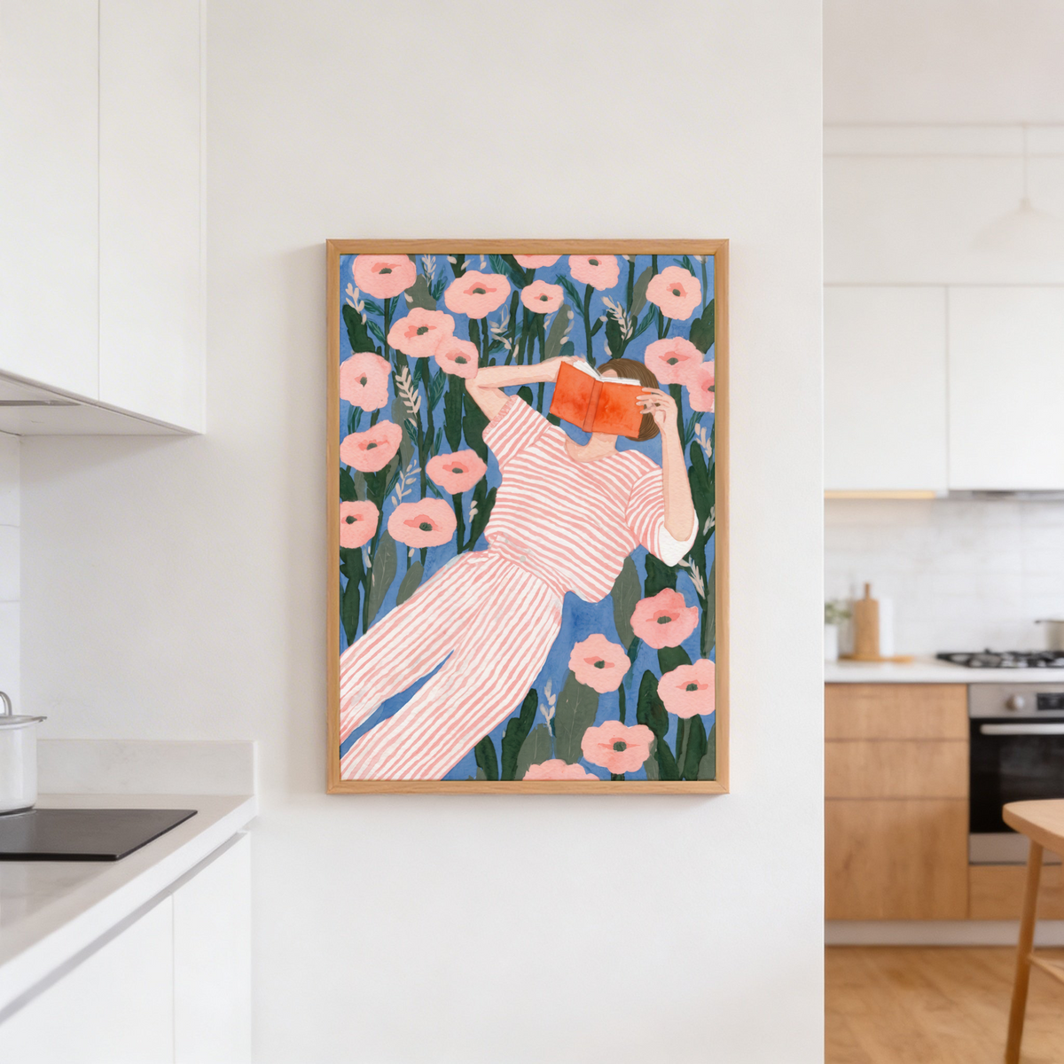 Modern figurative print with striped clothing and an open book in a garden setting