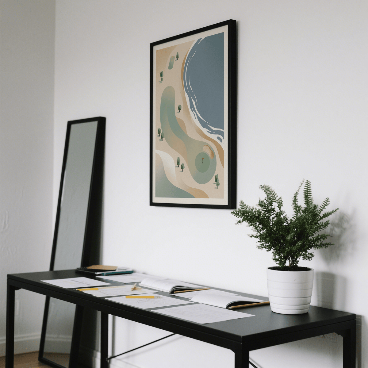 Abstract coastal course print with sweeping land bands and ocean border in Green, Blue, Beige