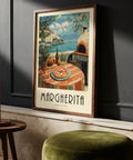 Sunlit vintage Italian food prints showing pizza, wine, and oranges by the Amalfi Coast.