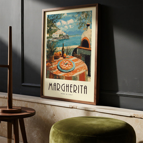 Sunlit vintage Italian food prints showing pizza, wine, and oranges by the Amalfi Coast.