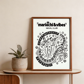 Mariachi Art Print close-up of bold "mariachi&vibes" typography above band