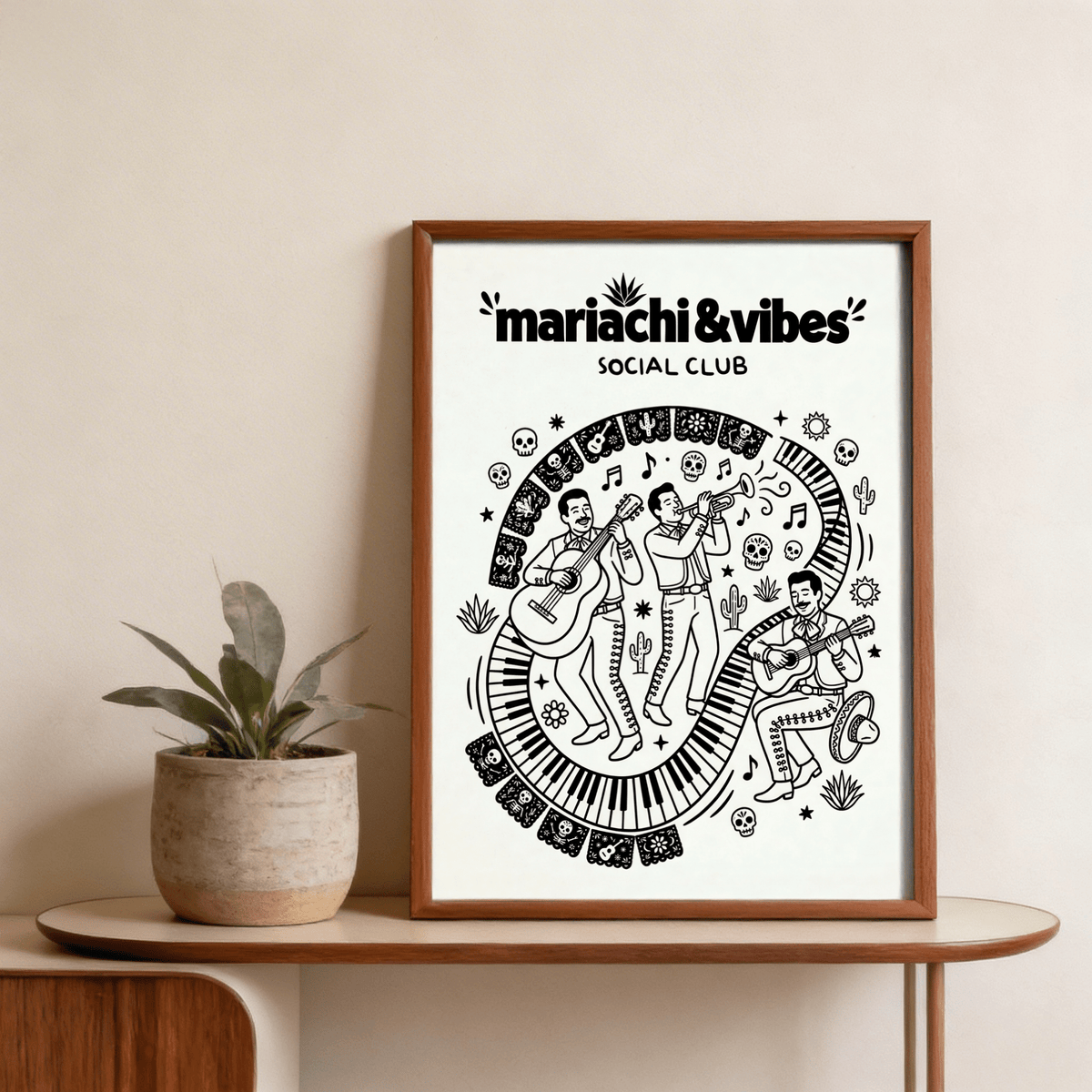Mariachi Art Print close-up of bold "mariachi&vibes" typography above band