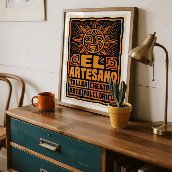 Bold Folk Art Poster print showing sun emblem, rays, and EL ARTESANO text