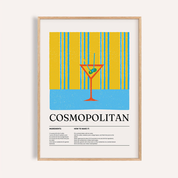 Retro Cosmopolitan art prints for the kitchen with red glass and blue stripes

