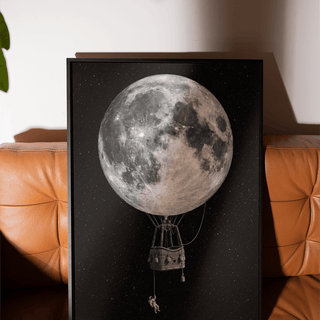 Moon Hot Air Balloon Art with gray moon for bedroom wall decor