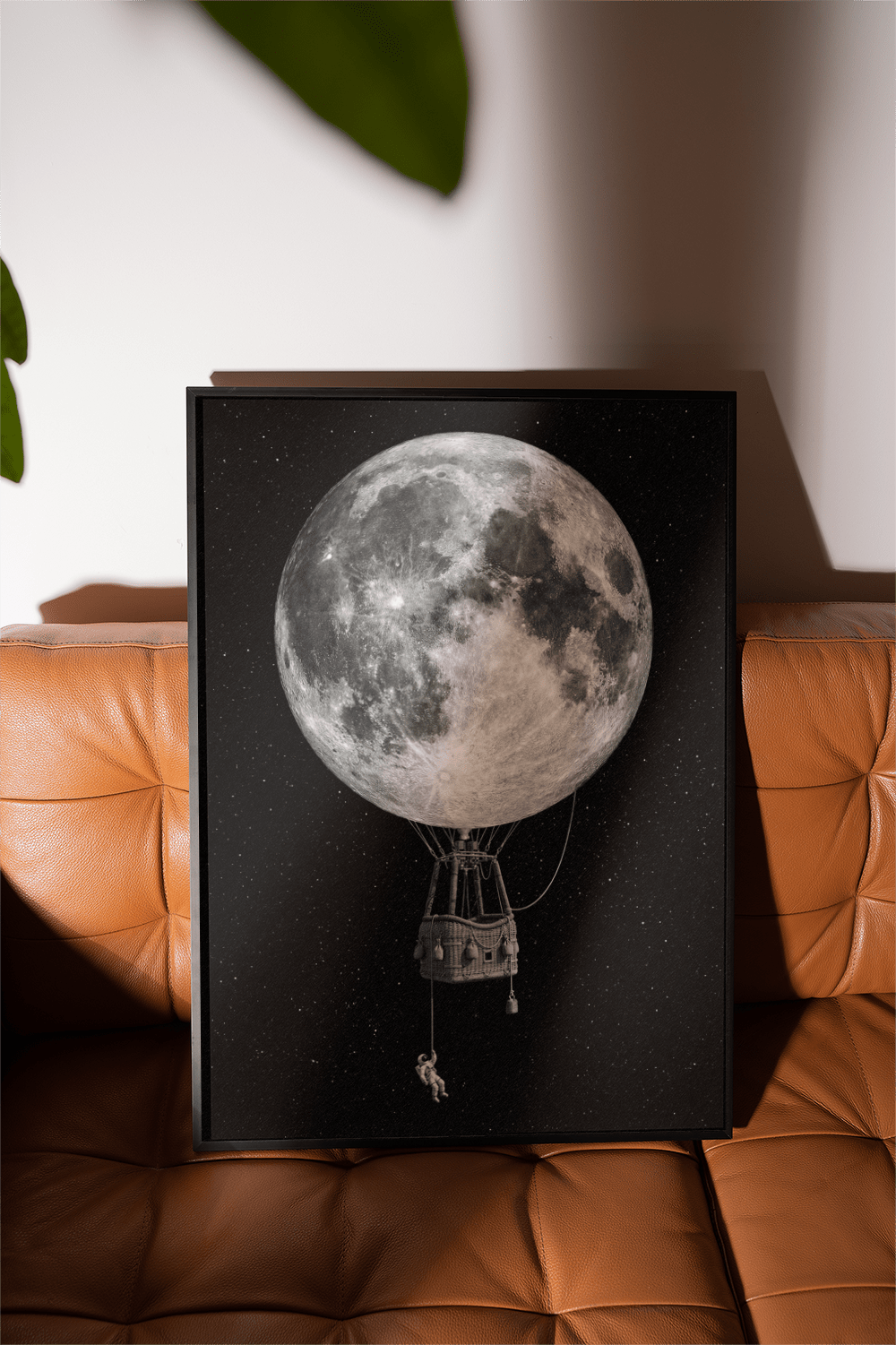 Moon Hot Air Balloon Art with gray moon for bedroom wall decor