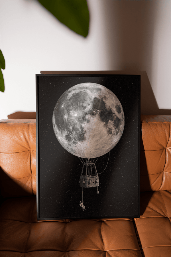 Moon Hot Air Balloon Art with gray moon for bedroom wall decor
